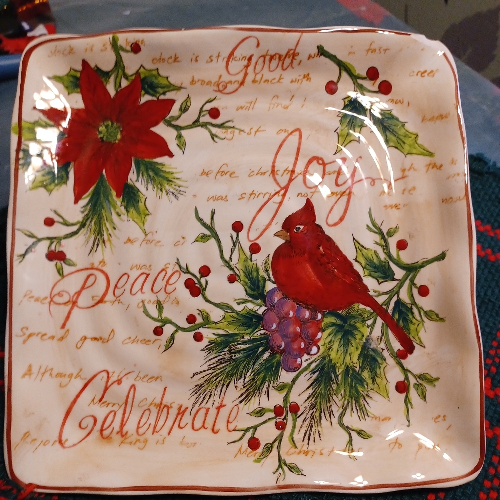 Cardinal Christmas Plate Celebrate Peace, Joy, 9", Square, Yuletide Greetings